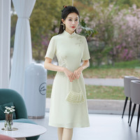 秀觀唐飘依2024夏季醋酸改良绣花女新中式国风日常旗袍连衣裙 米色 S