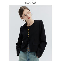 EGGKA黑色圆领小香风外套2024春秋法式设计小众别致长袖开衫上衣 黑色 S