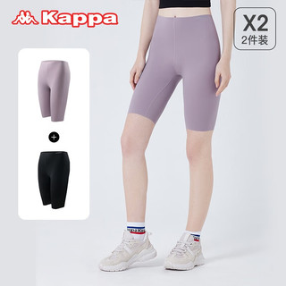 Kappa 卡帕 打底裤2件装女鲨鱼裤瑜伽薄款高弹收腹健身运动五分裤女 黑色/灰紫色 均码