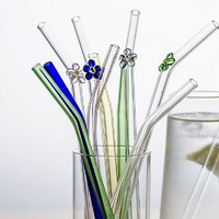 摩登主妇 创意玻璃吸管耐高温可爱水杯彩色吸管弯头水杯吸管配件 淡粉色带花吸管
