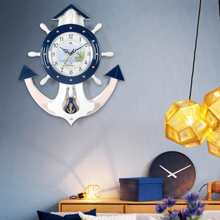 汉时（Hense）创意船舵挂钟欧式复古挂表客厅摆钟时钟办公室装饰石英钟表HP40 地中海蓝色