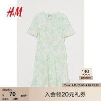 H&M 女装连衣裙夏季新款裙子轻柔垂坠露背短袖及膝长裙1007581 浅绿色/花卉 160/84