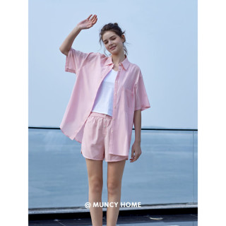 曼系睡衣女夏季薄款短袖开衫纯棉少女家居服宽松粉色可外穿休闲套装 d