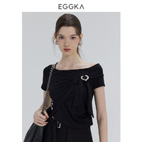 EGGKA 不规则结构爱心T恤女春夏修身显瘦斜肩短袖上衣 米白 均码