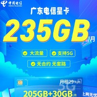 广东电信 星卡 2年29元/月（205G通用流量+30GB定向流量）