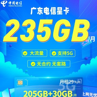 广东电信 星卡 2年29元/月（205G通用流量+30GB定向流量）