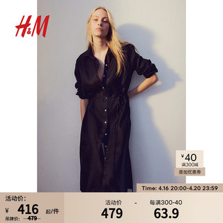 H&M2024夏季亚麻衬衫式连衣裙1216689 黑色 155/80