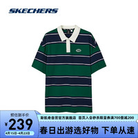 SKECHERS 斯凯奇 舒适休闲运动短袖L224U047 藏蓝-绿粗条纹/045N S