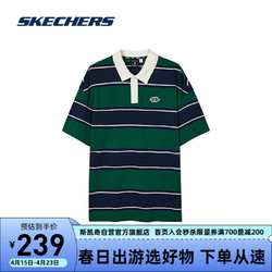 SKECHERS 斯凯奇 舒适休闲运动短袖L224U047 藏蓝-绿粗条纹/045N S