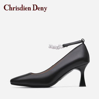 克雷斯丹尼（Chrisdien Deny）女士高跟鞋英伦潮流职场鞋时尚尖头浅口套脚细跟高跟鞋 黑色LYH2502N1A 34