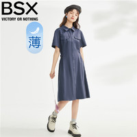 BSX 裙子女装纯棉梭织工装束腰薄短袖衬衫连衣裙 05463306