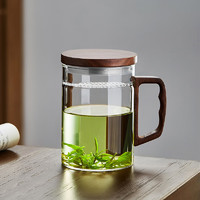 绿昌明月牙玻璃茶杯耐高温茶水分离木把办公个人过滤喝水绿茶泡茶器 透明  木盖兰香杯480ml
