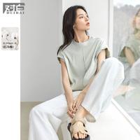 DUIBAI 对白 2024夏装前襟分割线条袖口纽边褶皱纯棉女式圆领无袖T恤