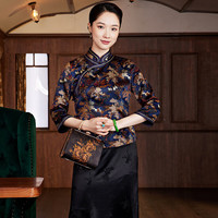 玺玥2024春夏经典香云纱中国风日常旗袍式短款中式唐装上衣 蓝色 S