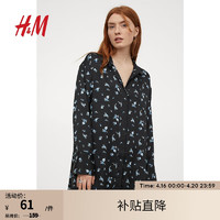 H&M 女装衬衫春季女新款休闲印花梭织落肩长袖侧开衩上衣0978023 黑色/蓝色花朵 155/80