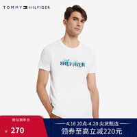 TOMMY HILFIGER 男装休闲纯棉透气花卉图案字母LOGO修身短袖T恤MW0MW25662 白色YBR XS(推荐：100-120斤)