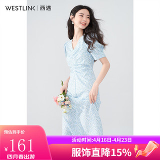 WESTLINK 西遇 V领碎花连衣裙2024年春夏季新款收腰褶皱法式甜美小裙子中长裙 蓝色 S