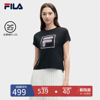 FILA 斐乐 官方女子针织短袖衫2024夏季新款时尚休闲纯棉蝙蝠袖T恤 正黑色-BK 175/92A/XL