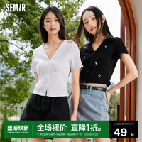 Semir 森马 短袖T恤女短款绣花夏季修身V领针织衫气质正肩显瘦上衣新款