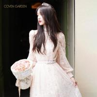 COVEN GARDEN 轻奢珠片刺绣泡泡袖名媛网纱连衣裙