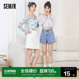 Semir 森马 打底衫女时尚满版印花BM风网纱长袖t恤ins潮打底衫上衣新款