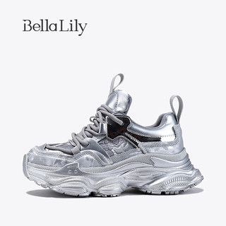 Bella Lily2024春季银色增高老爹鞋女小个子松糕鞋潮流运动鞋 银色 35