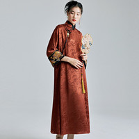 陌遇2024年春季中国风改良醋酸刺绣宽松旗袍新中式复古连衣裙 橘棕色 S