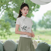 秀觀唐青梅2024夏季短款绣花改良国风中式茶人服旗袍上衣 白色 S