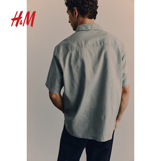 H&M男装衬衫2024夏季宽松亚麻透气法式设计感短袖衬衣1207768 鼠尾草绿 165/84