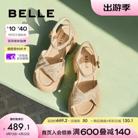 BeLLE 百麗 滿鉆條帶繁星休閑涼鞋女24夏季厚底增高涼鞋A9S2DBL4 杏色 38