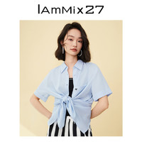 Iammix27短袖翻领衬衫女个性不对称字母刺绣时尚后开衩落肩衬衣女 晴空蓝 S