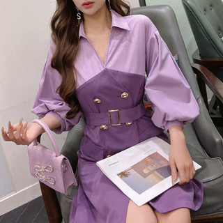 粉红大布娃娃连衣裙春季气质时尚衬衫式裙子 紫色 XL