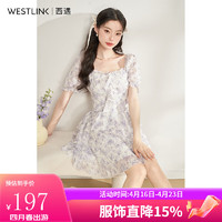 WESTLINK 西遇 茶歇法式甜美泡泡袖碎花连衣裙女2023新款初恋仙女裙收腰短裙 紫色 S