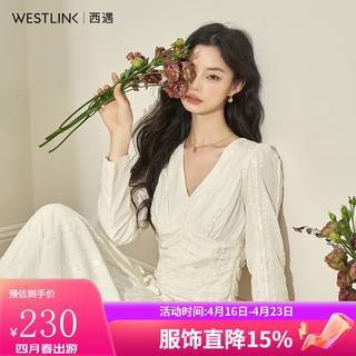 WESTLINK 西遇 小众设计V领长袖连衣裙2023秋季立体感薄款小白裙长款 白色（S/M/L预售9月5日） S