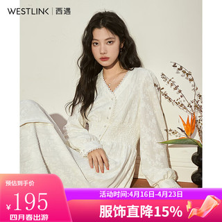 WESTLINK 西遇 法式V领连衣裙女2024年春冬复古花边白色碎花收腰长袖长裙 杏色 S