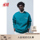 H&M 春季男装卫衣休闲圆领简约长袖套头衫0981416 蓝绿色/Connected 170/92