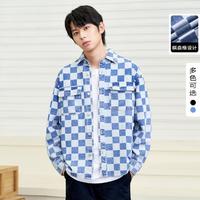 gxgjeans 2024年春季新款棋盘格撞色长袖牛仔男式衬衫外套