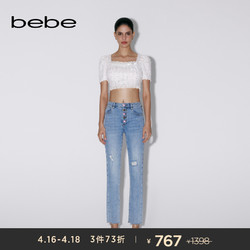 bebe 春夏系列女士破洞休闲直筒牛仔裤211004