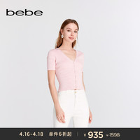 bebe 2024春夏新款女士V领花边领口纯色针织开衫130402