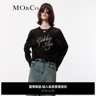 MO&Co.2024夏美式印花高支长绒棉轻薄长袖T恤上衣MBD2TEE008 黑色  S/160