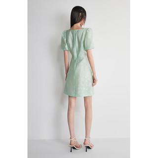 欧时力 泡泡袖法式短袖连衣裙2024新夏提花方领显瘦 浅绿 XS