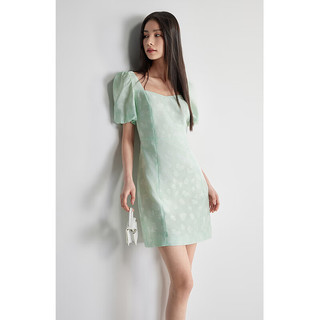 欧时力 泡泡袖法式短袖连衣裙2024新夏提花方领显瘦 浅绿 XS