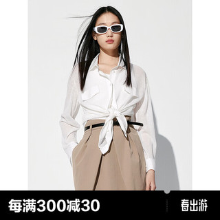 太平鸟女士棉麻长袖衬衫2024夏季侧边高开衩设计多穿时尚衬衣 米白 M