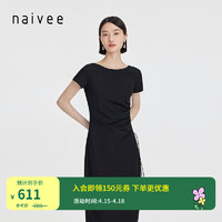 纳薇（naivee）24新都市通勤简约圆领短袖赫本风褶裥直身连衣裙 黑色 170/92A/XL