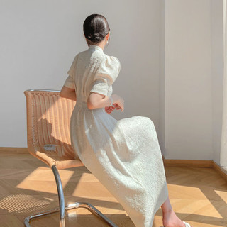 FOURDATRY 复古改良白色旗袍2024女装夏季国风连衣裙短袖气质感裙子 图片色 S
