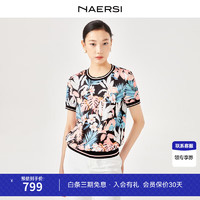 娜尔思（NAERSI）2024春夏短袖上衣新中式国风碎花圆领时尚衬衫 黑色 M