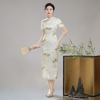 秀觀唐竹双2024夏装缎面印花竹子开衩国风改良修身长款旗袍裙 花色 M