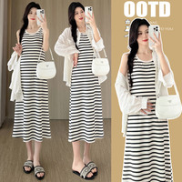雅莉缇装春夏季外穿韩版时尚宽松衬衫+条纹连衣裙两件套连衣裙 黑杏套装 L - 100-120斤