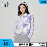 Gap女装春季2024抽绳开叉长袖刺绣翻领衬衫纯棉上衣873202 淡紫色 160/80A(S) 亚洲尺码