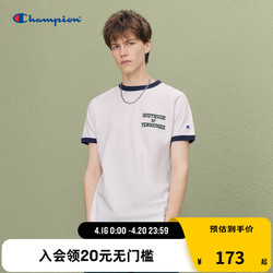 Champion 冠军2023夏季新款背后胶印字母LOGO休闲T恤短袖男 黑领白色 XL